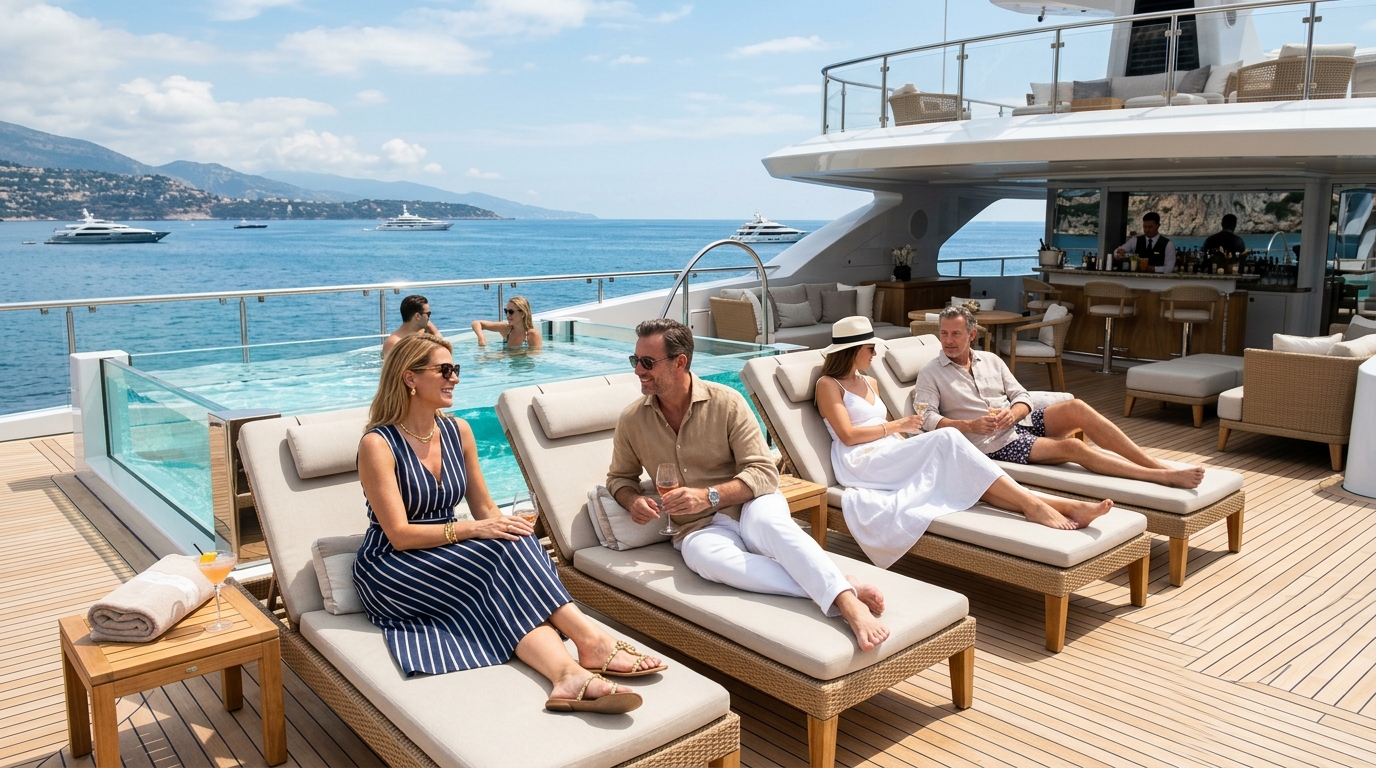 Guests relaxing on ultra-luxury yacht sundeck